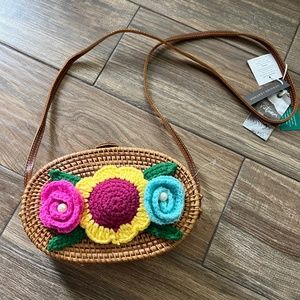Handcrafted In Vietnam Woven Rattan Genuine Leather Crochet Flowers Bag